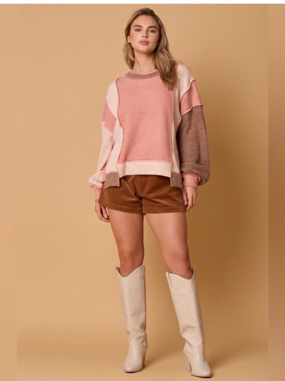 Fantastic Fawn Pink & Brown Colorblock Crewneck Sweater